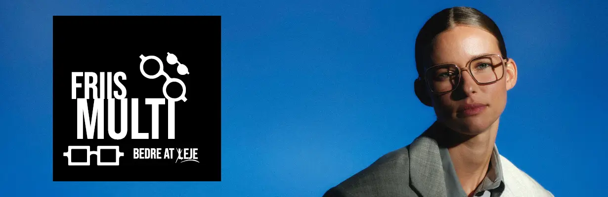 Friis Multi logo og kvinde med briller