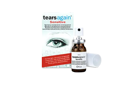 Æske og flaske med tears again sensitive-øjenspray